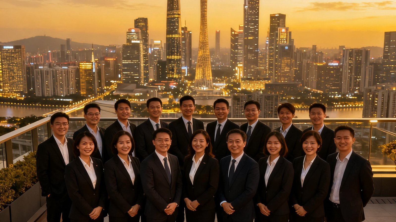 美狮贵宾会总部核心团队成员约30人在公司露台合影，背景是广州珠江新城傍晚时分的城市天际线，团队成员身着统一商务着装面带微笑