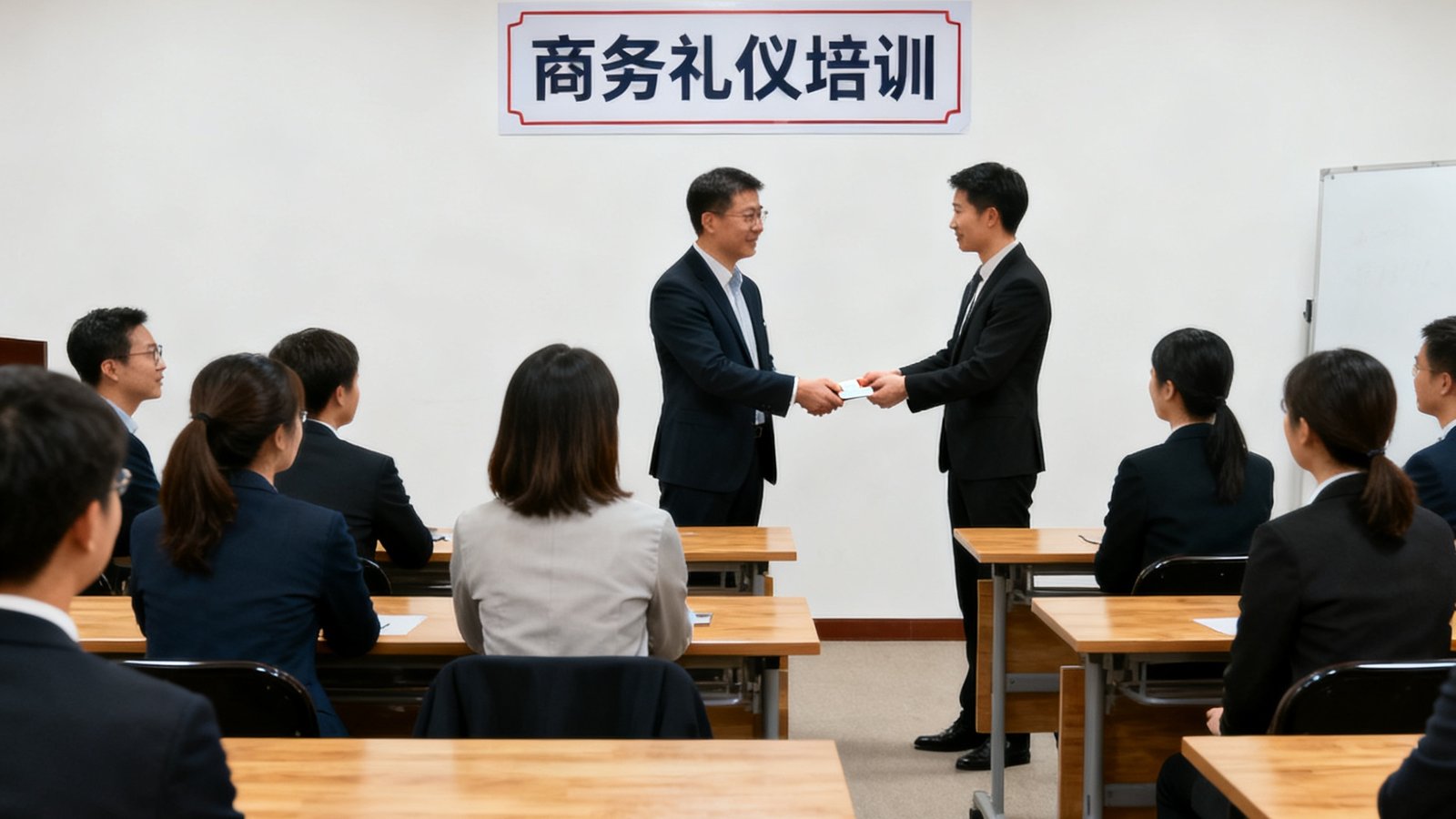 培训教室内十几名学员正在学习商务礼仪课程，讲师示范正确的握手姿势与名片递送方式